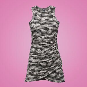 Ladies Shades Of Gray Camo Sleeveless Soft Dress Wrapped and Ruched Size Small
